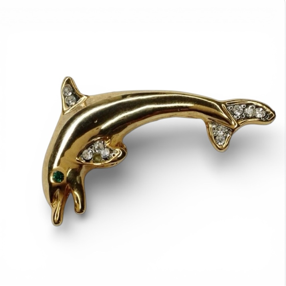 Vintage Gold Tone Dolphin Brooch – Green Eye & Rhinestone Accents - Picture 5 of 11